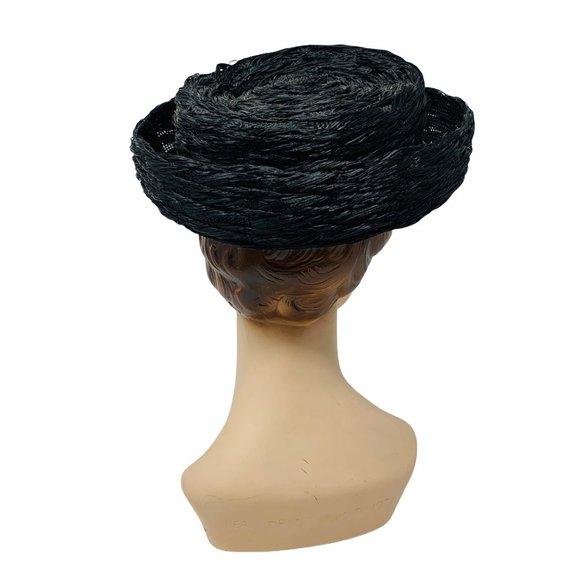 Vintage 1950s Round Black Straw Hat Rhinestone Fly Detail Styled by Phipps main image 12